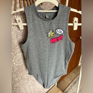 ASOS Funky Embroidered Pop Art Gray High Neck Sleeveless Bodysuit Tank with Snap